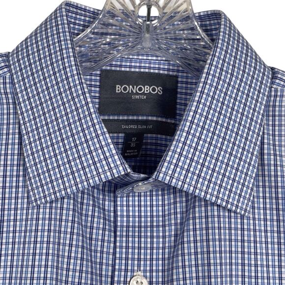 BONOBOS Jetsetter Stretch Slim Fit Dress Shirt Blue Check Size 17x35 EUC - Picture 4 of 16